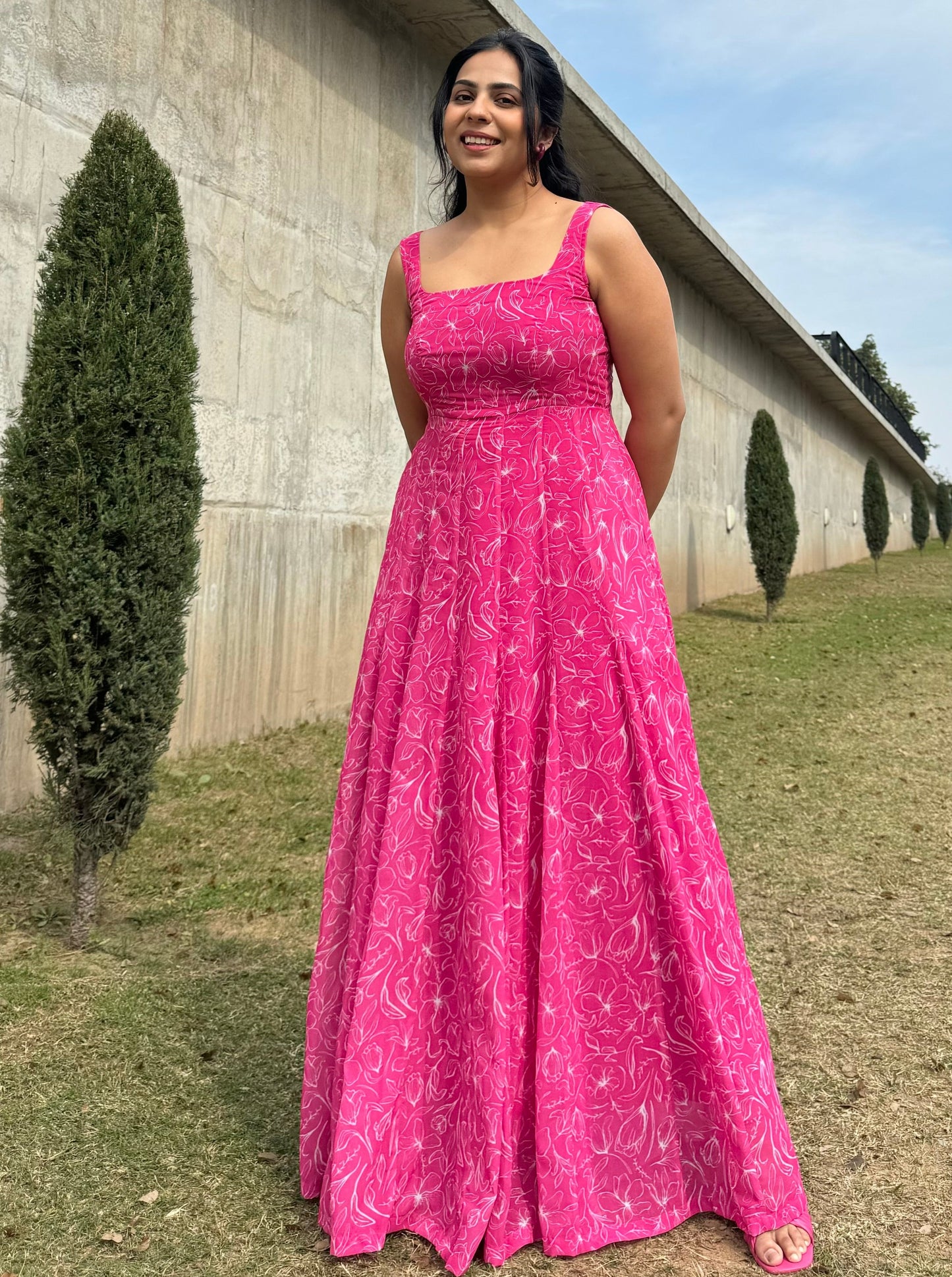 Pink Flared Godet dress with Pockets