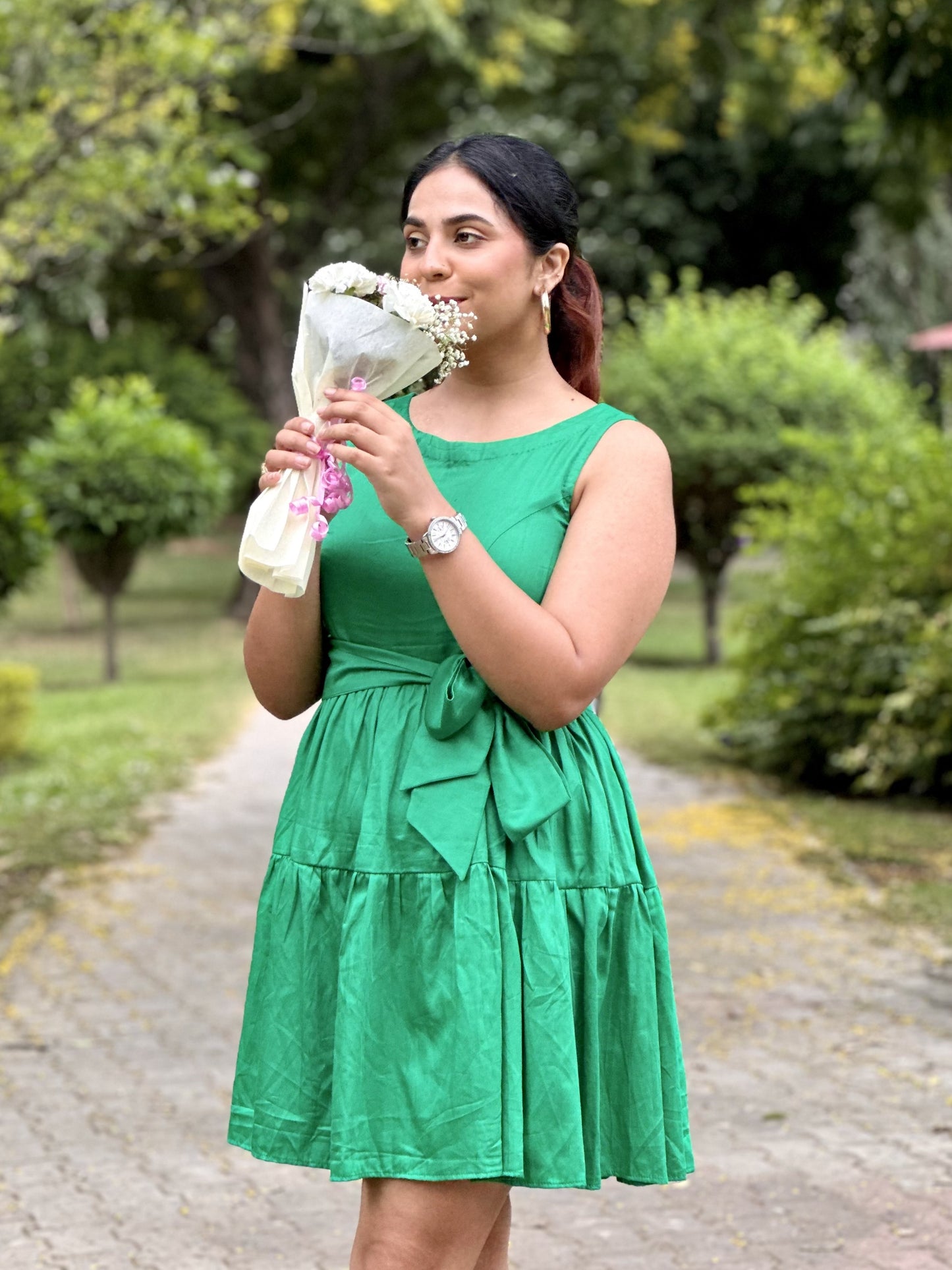 Flared cotton dress with a belt