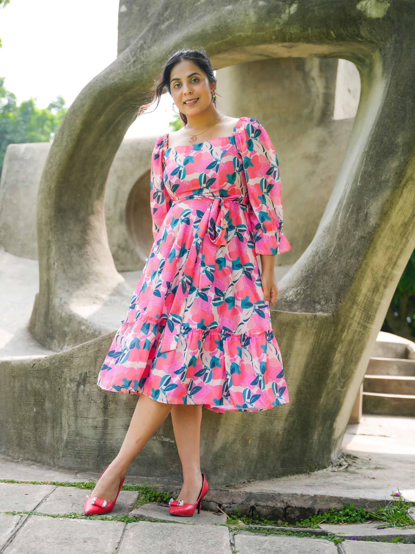 Abstract print Red Floral Dress