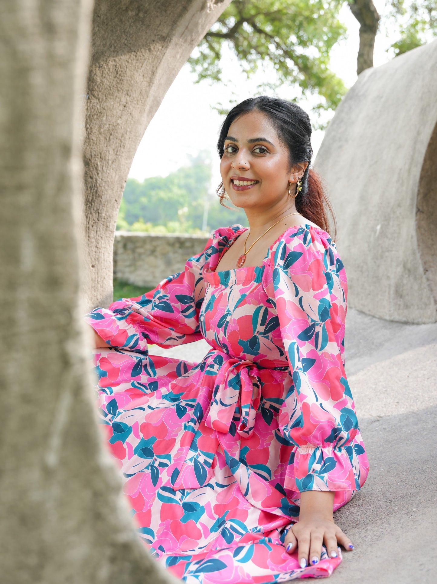 Abstract print Red Floral Dress