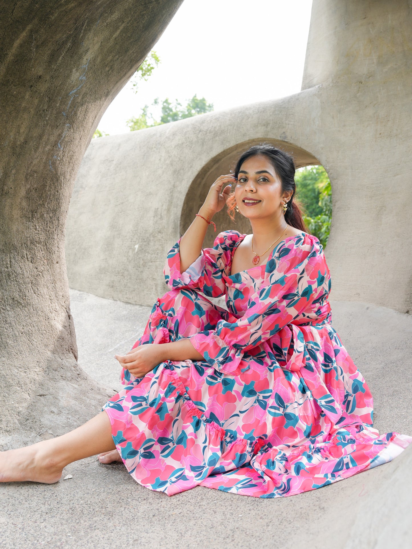 Abstract print Red Floral Dress