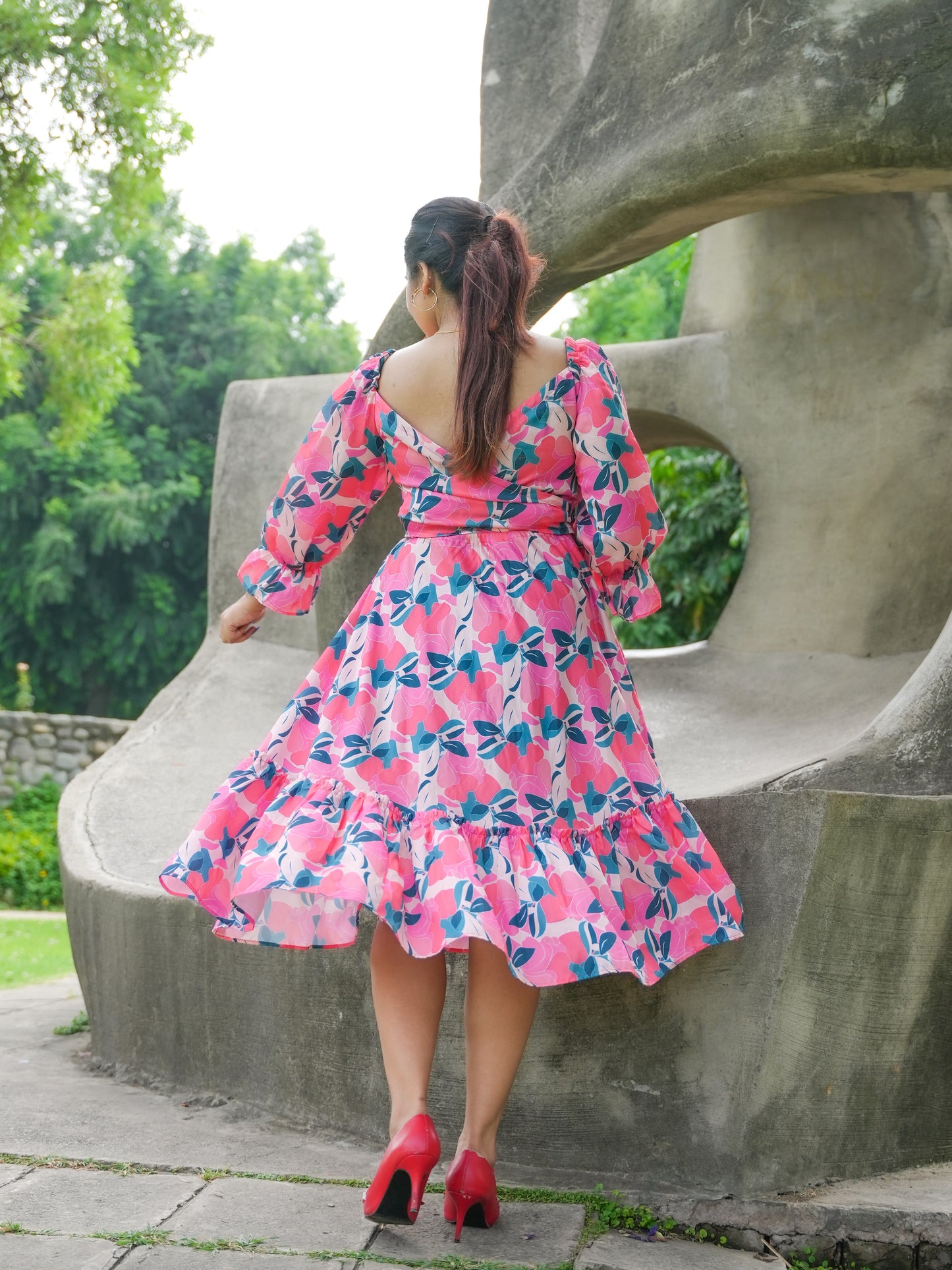 Abstract print Red Floral Dress