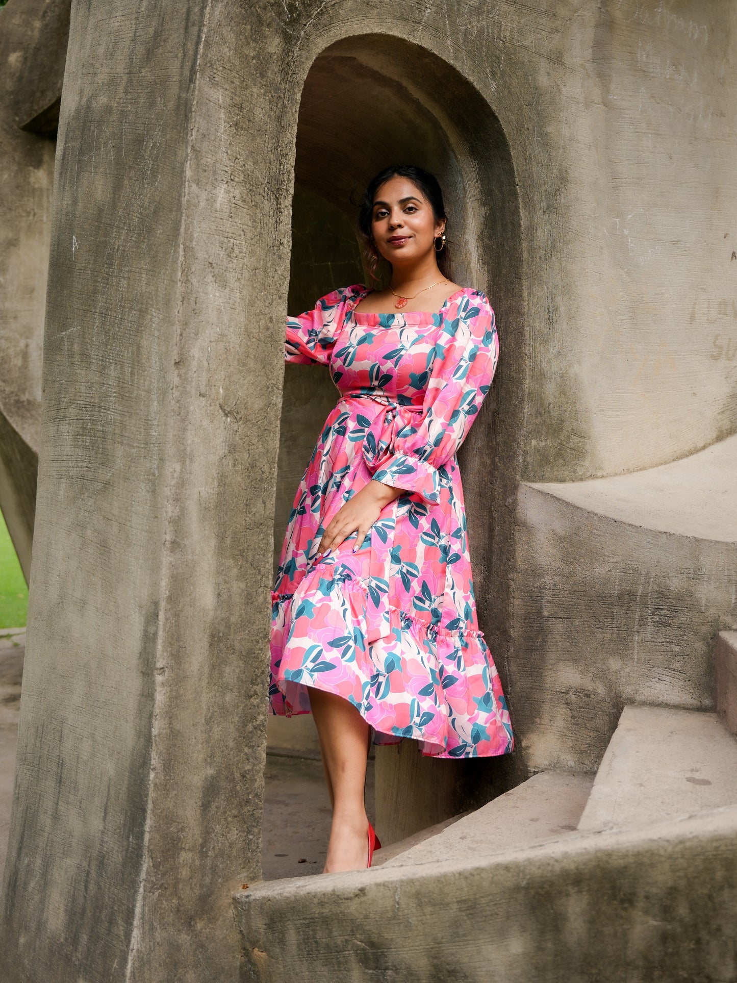 Abstract print Red Floral Dress